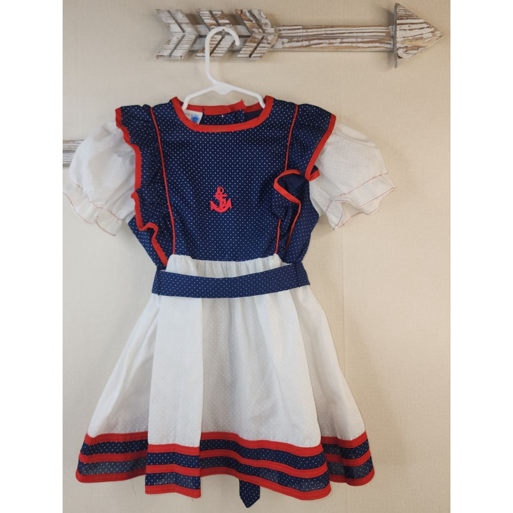 Vintage Girls Lil' Airess Navy Blue White Red Polka Dot Casual Dress Size 5